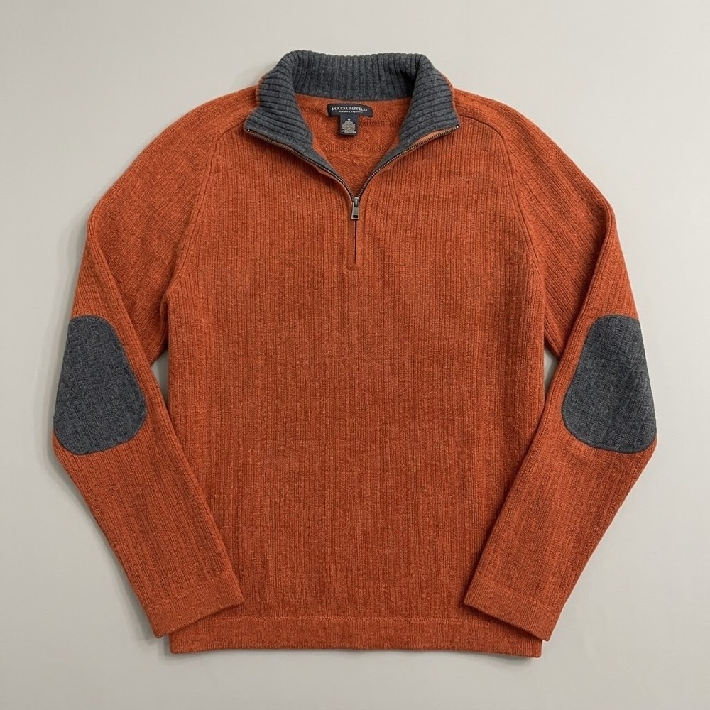 Banana Republic Mens M Lambswool Cashmere Quarter-Zip Elbow Patch Sweater Rust